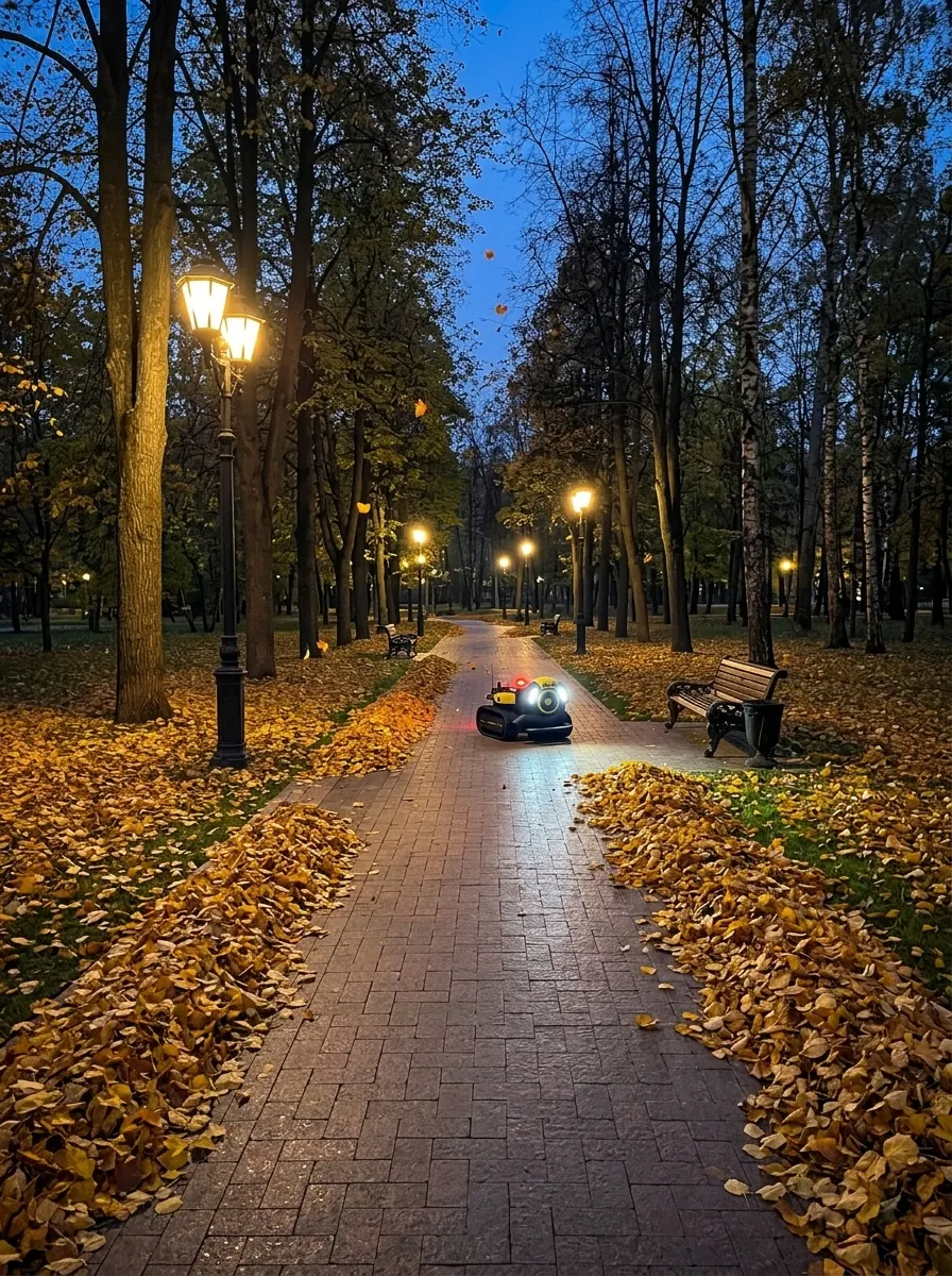Yarbo Air Blower убирает листву в городском парке — территория чиста к утру