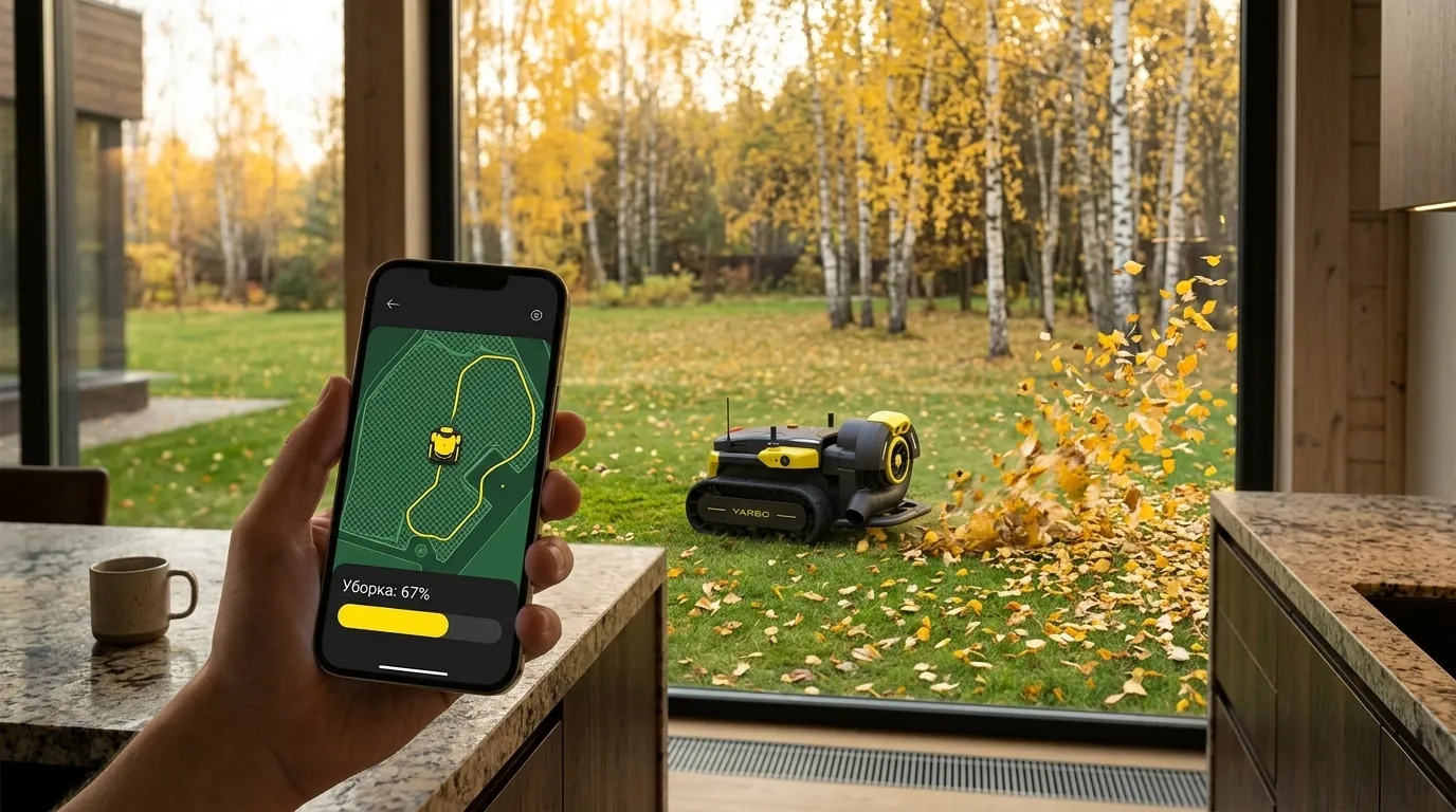Управление Yarbo Air Blower через приложение — робот убирает листву за окном