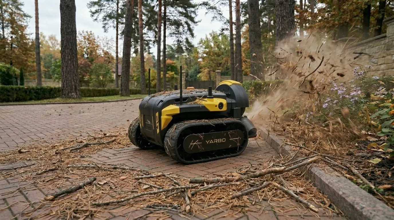 Yarbo Air Blower убирает хвою и мелкий мусор с тротуарной плитки