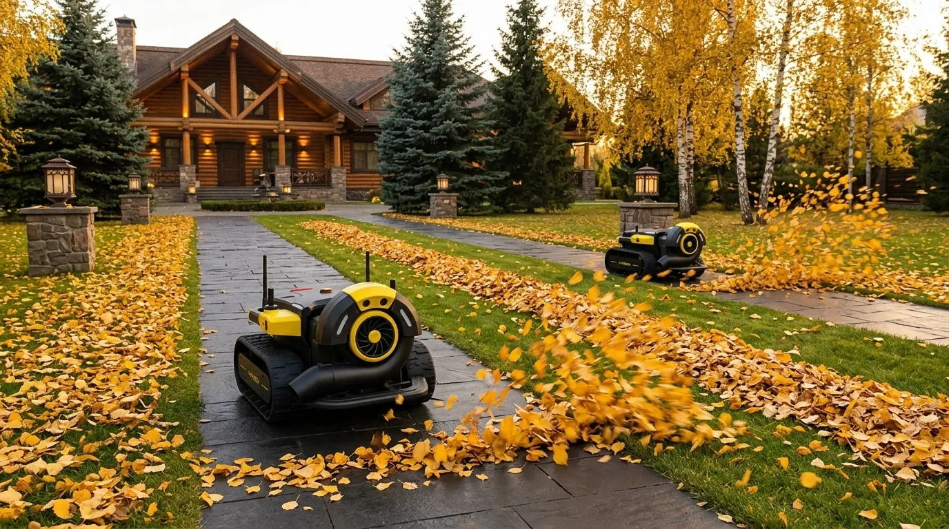 Два робота Yarbo Air Blower синхронно убирают листву на территории загородного клуба