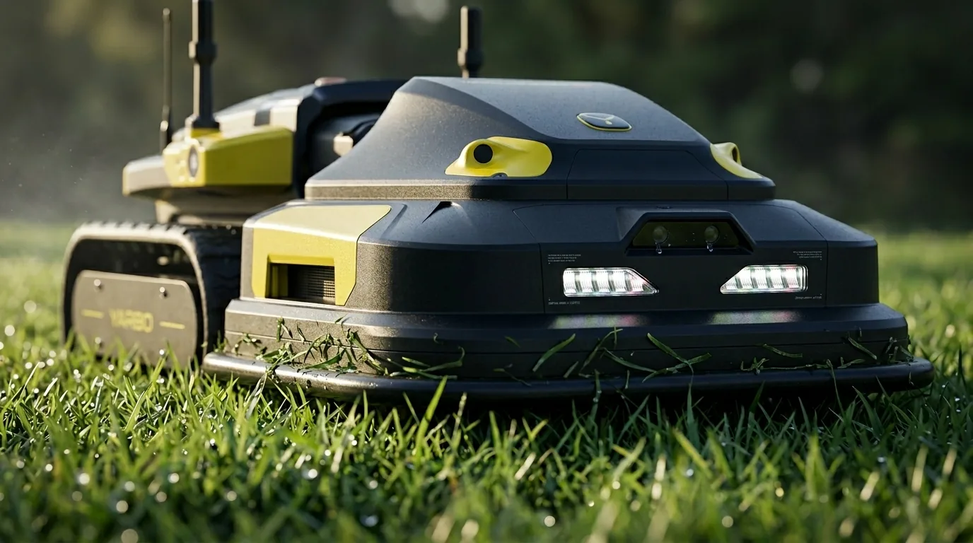 Yarbo Mower Pro обрабатывает густой влажный газон поместья на рассвете — результат профессиональной стрижки без садовника