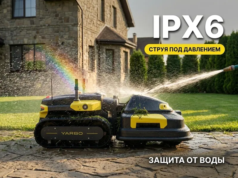 Мойка Yarbo Mower Pro струёй воды под давлением — защита IPX6