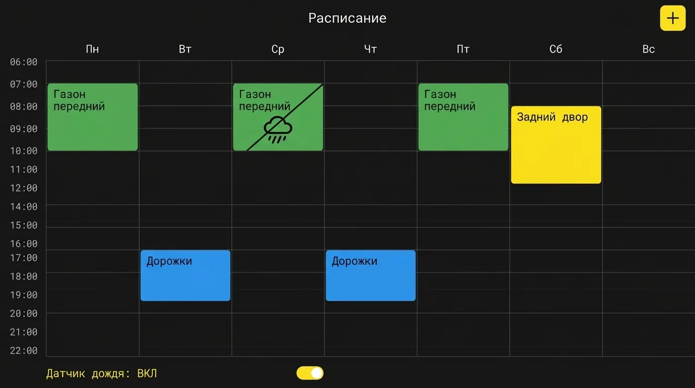 Недельное расписание работы Yarbo по зонам с датчиком дождя