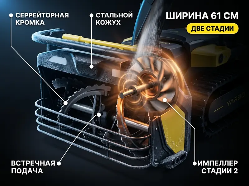 Двухступенчатый шнек Yarbo Snow Blower крупным планом — боковые шнеки и центральная крыльчатка