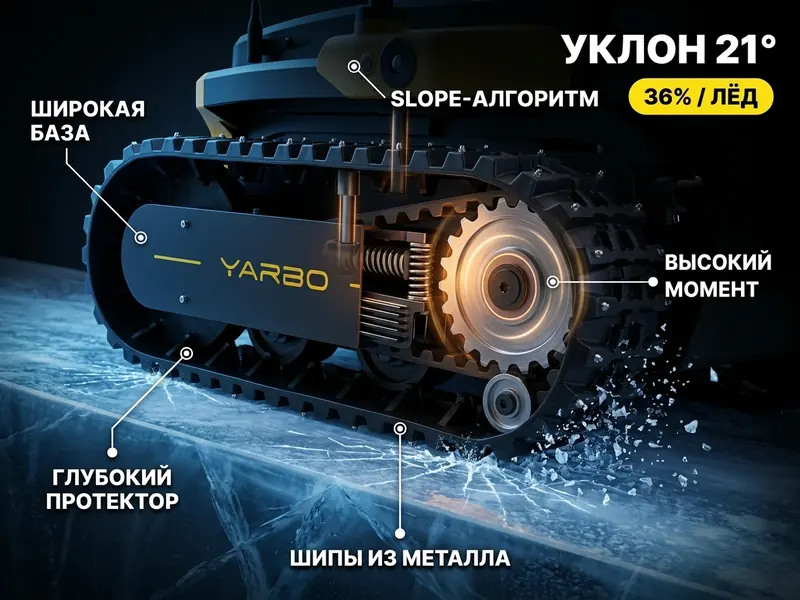 Резиновые гусеницы Yarbo с шипами на обледенелой поверхности — сцепление на уклоне до 21 градуса