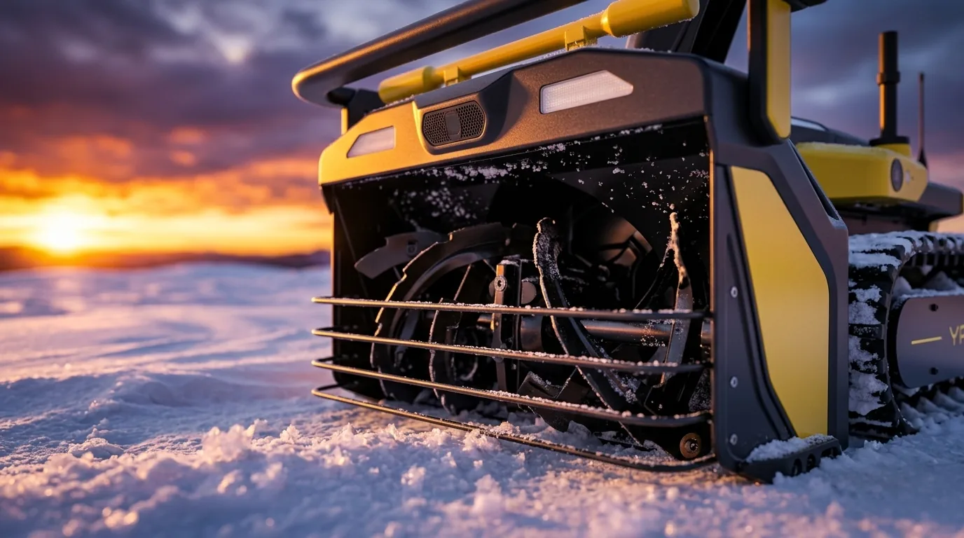 Двухступенчатый шнек робота-снегоуборщика Yarbo Snow Blower крупным планом на снегу — зимний закат