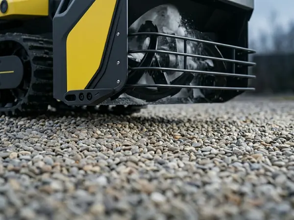 Yarbo Snow Blower на гравийной дорожке — шнек автоматически поднимается до 5 см