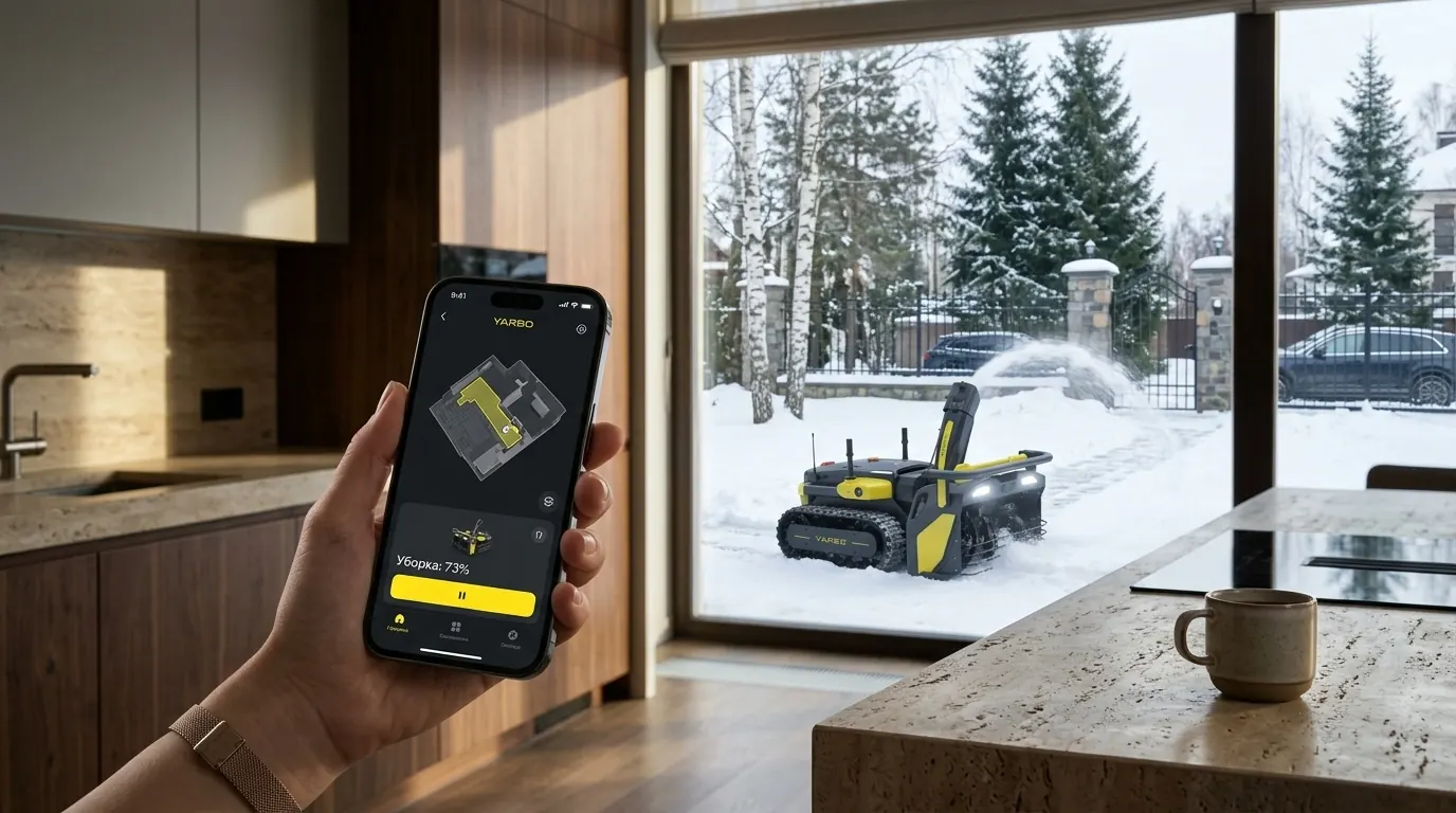 Управление Yarbo Snow Blower через приложение на смартфоне — робот работает за окном