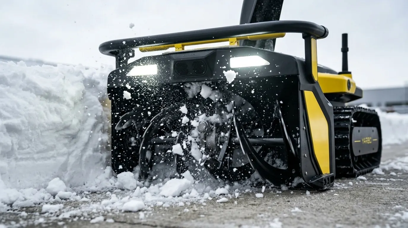 Крупный план двухступенчатого шнека Yarbo Snow Blower в момент захвата снега