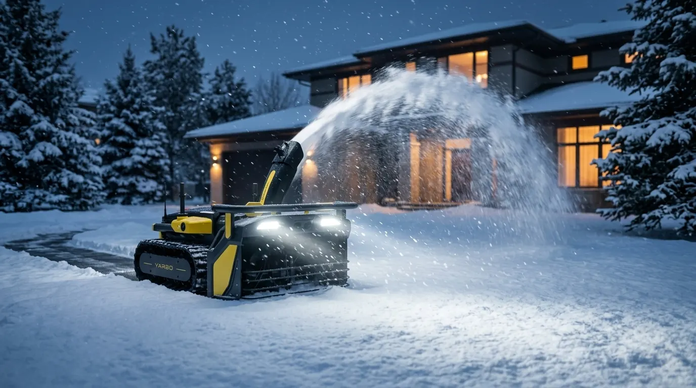 Yarbo Snow Blower расчищает подъезд к загородному дому зимней ночью во время снегопада
