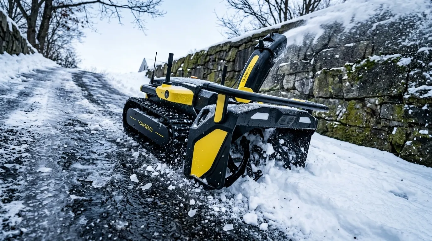 Yarbo Snow Blower уверенно поднимается по обледенелому уклону на гусеницах