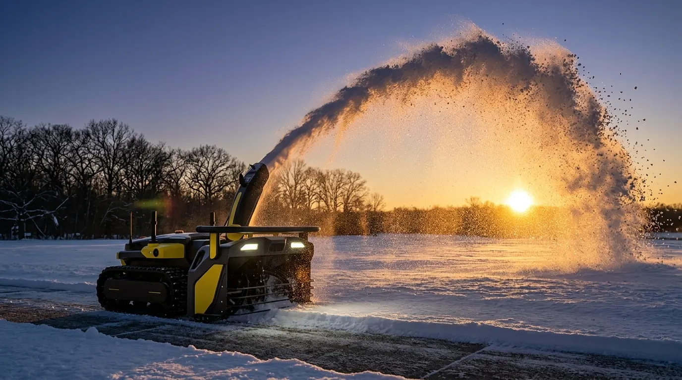 Мощная дуга выброса снега Yarbo Snow Blower в закатном свете