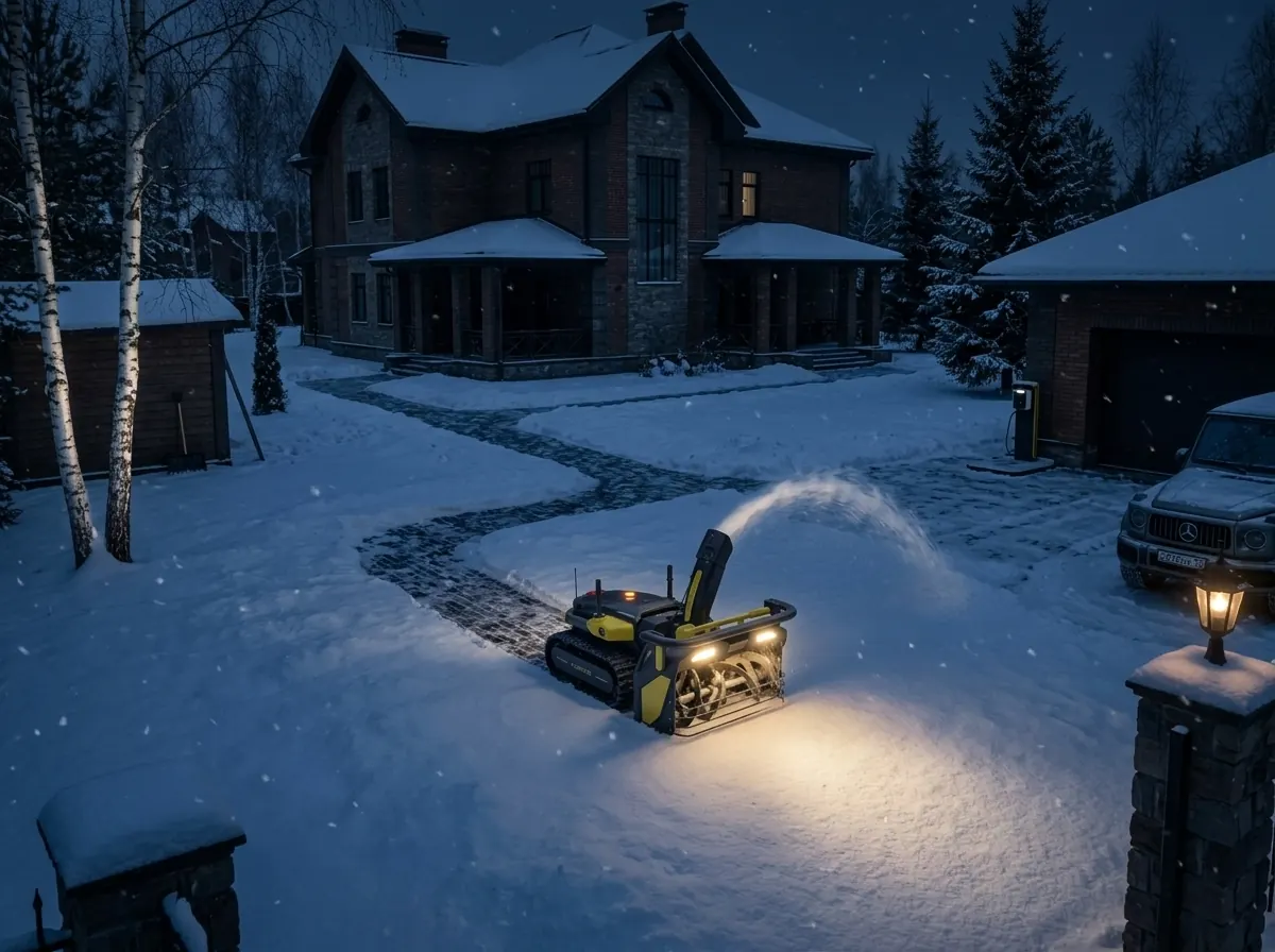 Yarbo Snow Blower автономно расчищает подъезд к загородному дому ночью во время снегопада