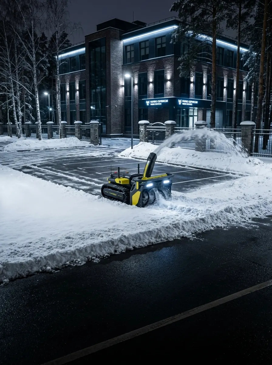 Yarbo Snow Blower расчищает парковку бизнес-центра ночью