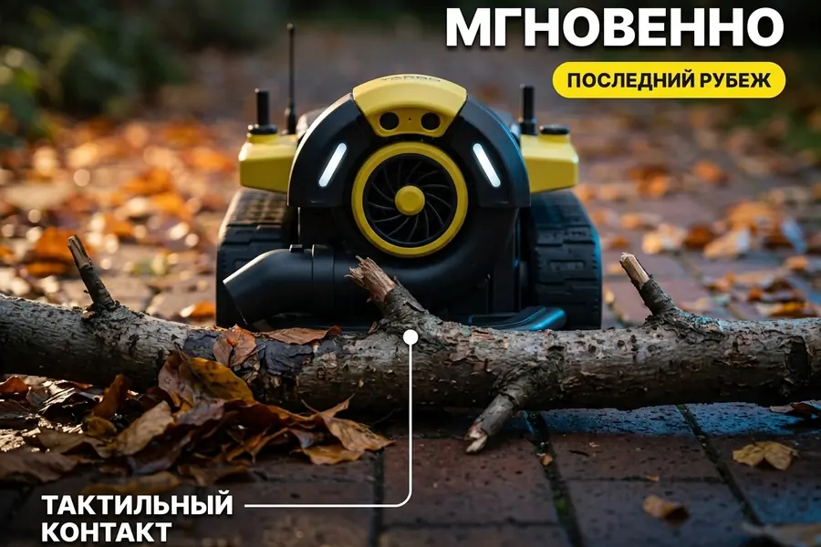 Передний бампер Yarbo Core — мгновенный тактильный контакт с упавшей веткой на дорожке