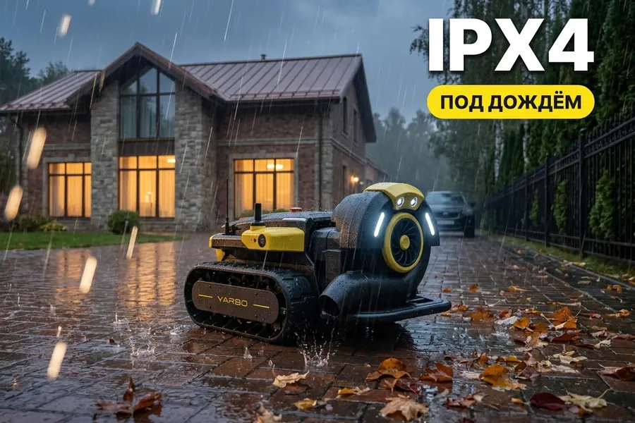 Yarbo Blower с защитой IPX4 работает под осенним дождём на клинкерной брусчатке премиум-коттеджа