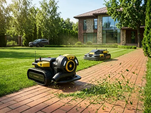 Yarbo Blower подхватывает скошенную траву после Lawn Mower в июне