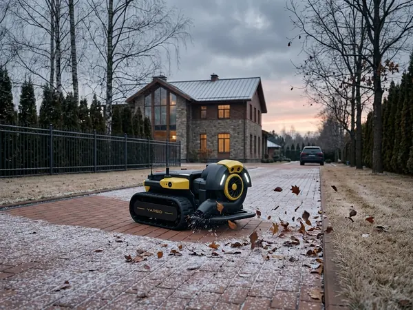 Yarbo Blower убирает последние листья при первом снеге ноября