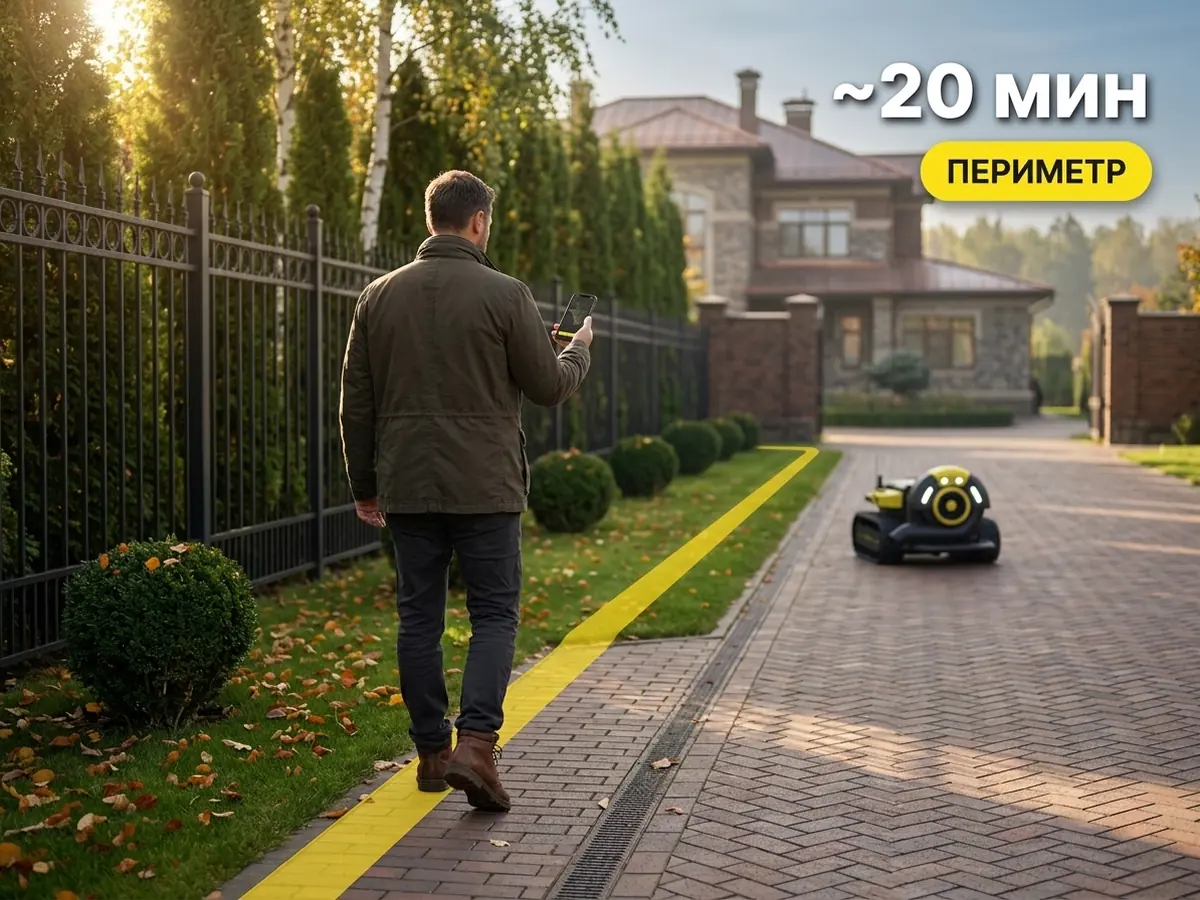 Владелец обходит периметр участка с телефоном — приложение Yarbo строит карту и зоны