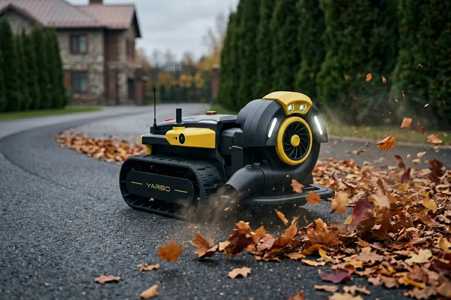 Yarbo Blower убирает листву с асфальтового подъезда