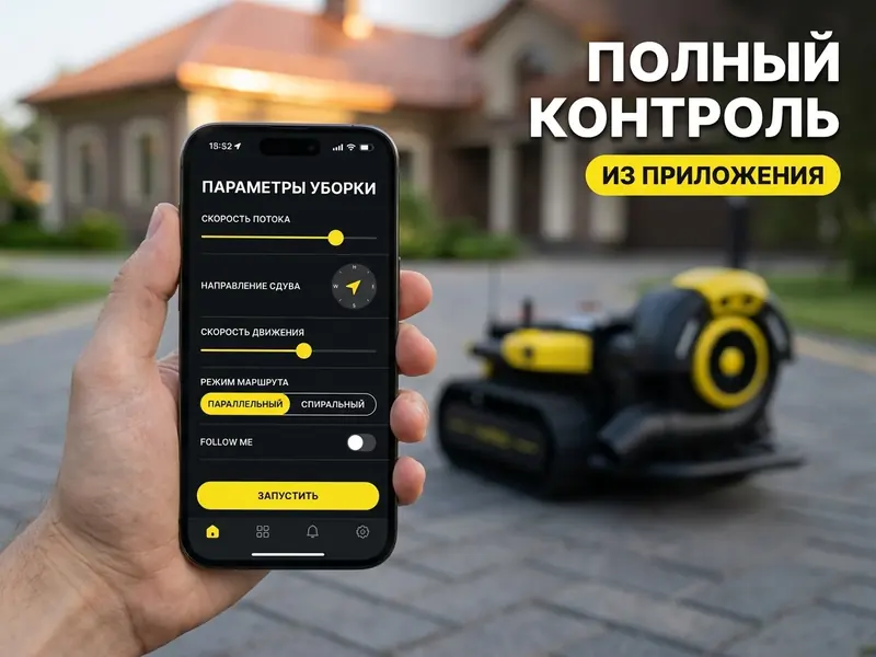 Настройка параметров Yarbo Blower в приложении — скорость, направление, режим маршрута