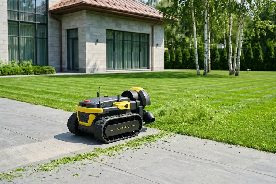 Yarbo Blower сдувает покосы с дорожек после работы газонокосилки